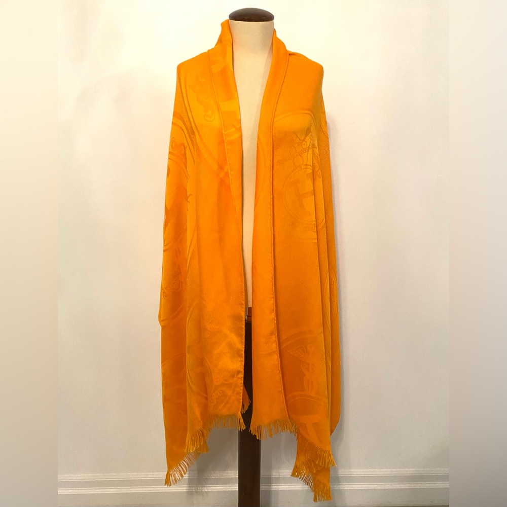 Hermes Orange Classic Logo Cashmere And Silk Shawls, Missing Label